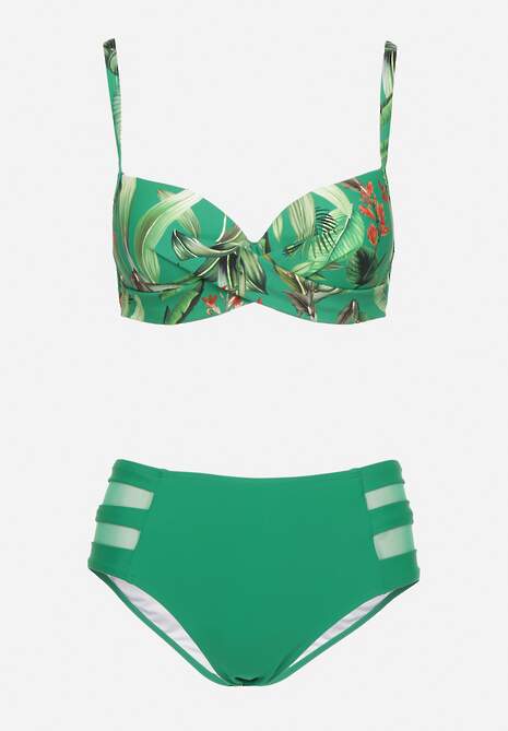 Zielone Bikini Biustonosz w Liście i Majtki Figi z Siateczkowymi Wstawkami Kinalea