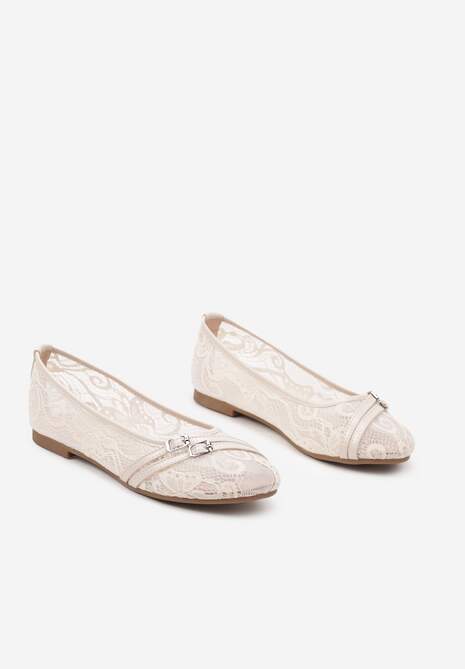 Beżowe Koronkowe Balerinki z Ozdobnymi Paskami ze Sprzączkami Ajerla