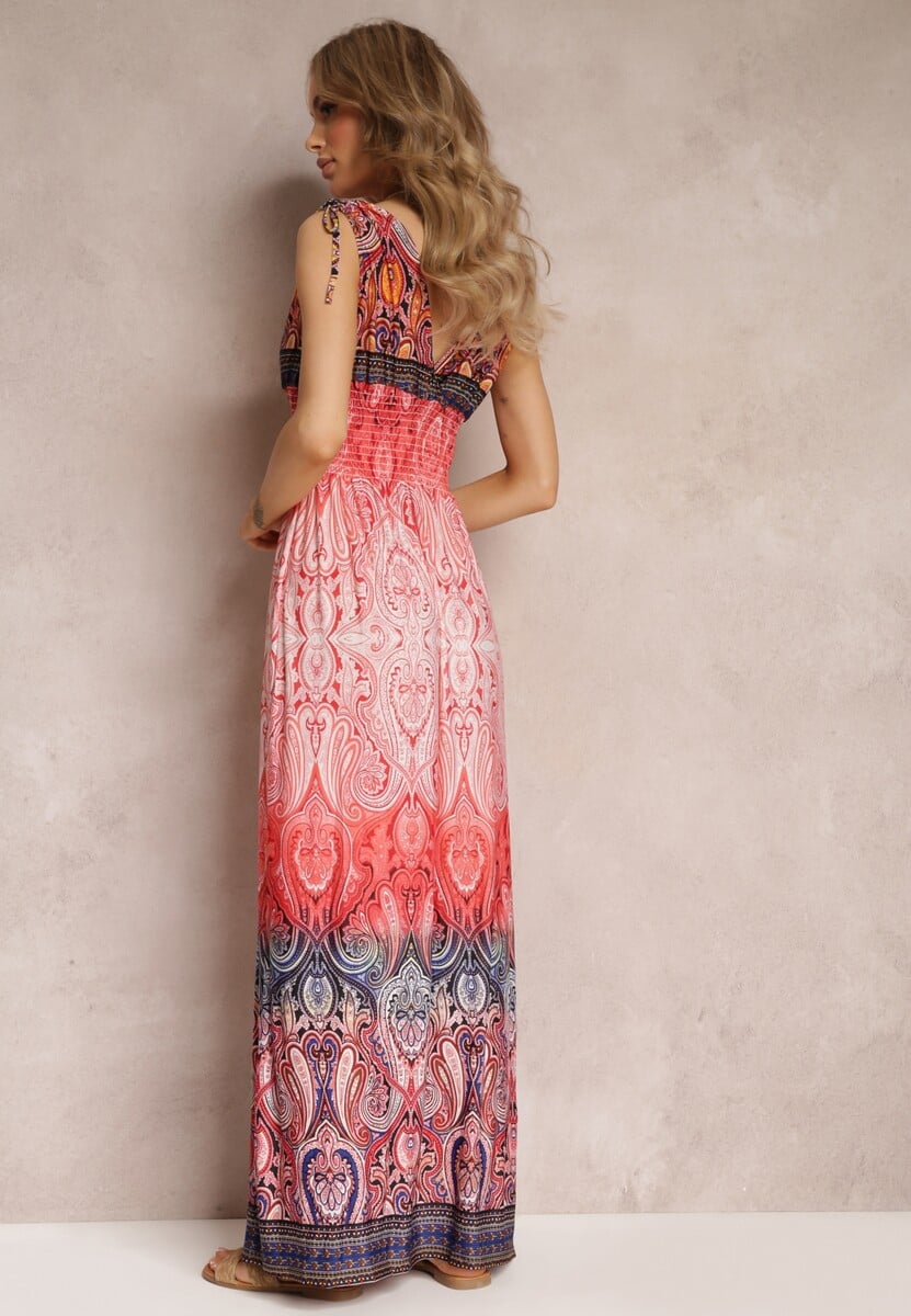 Czerwona Kopertowa Sukienka Maxi z Gumkami w Talii i Ściągaczami na Ramionach Hannele