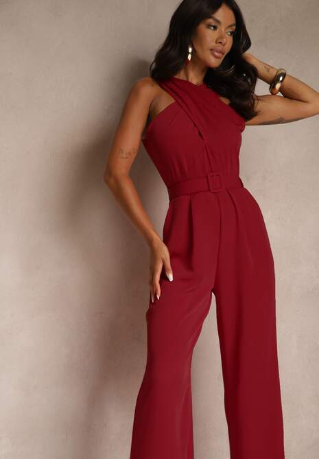 Bordowy Kombinezon z Paskiem z Klamrą i Marszczeniem Dolavelle