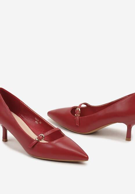 Bordowe Czółenka Kaczuszki Wykończone Ozdobnym Paskiem z Klamrą Merilorae