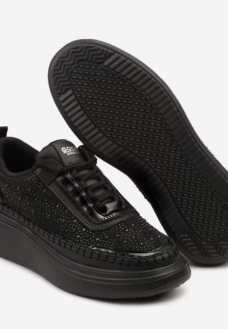 Czarne Sneakersy na Platformie z Wkładką ze Skóry Naturalnej z Cyrkoniami Arvisne