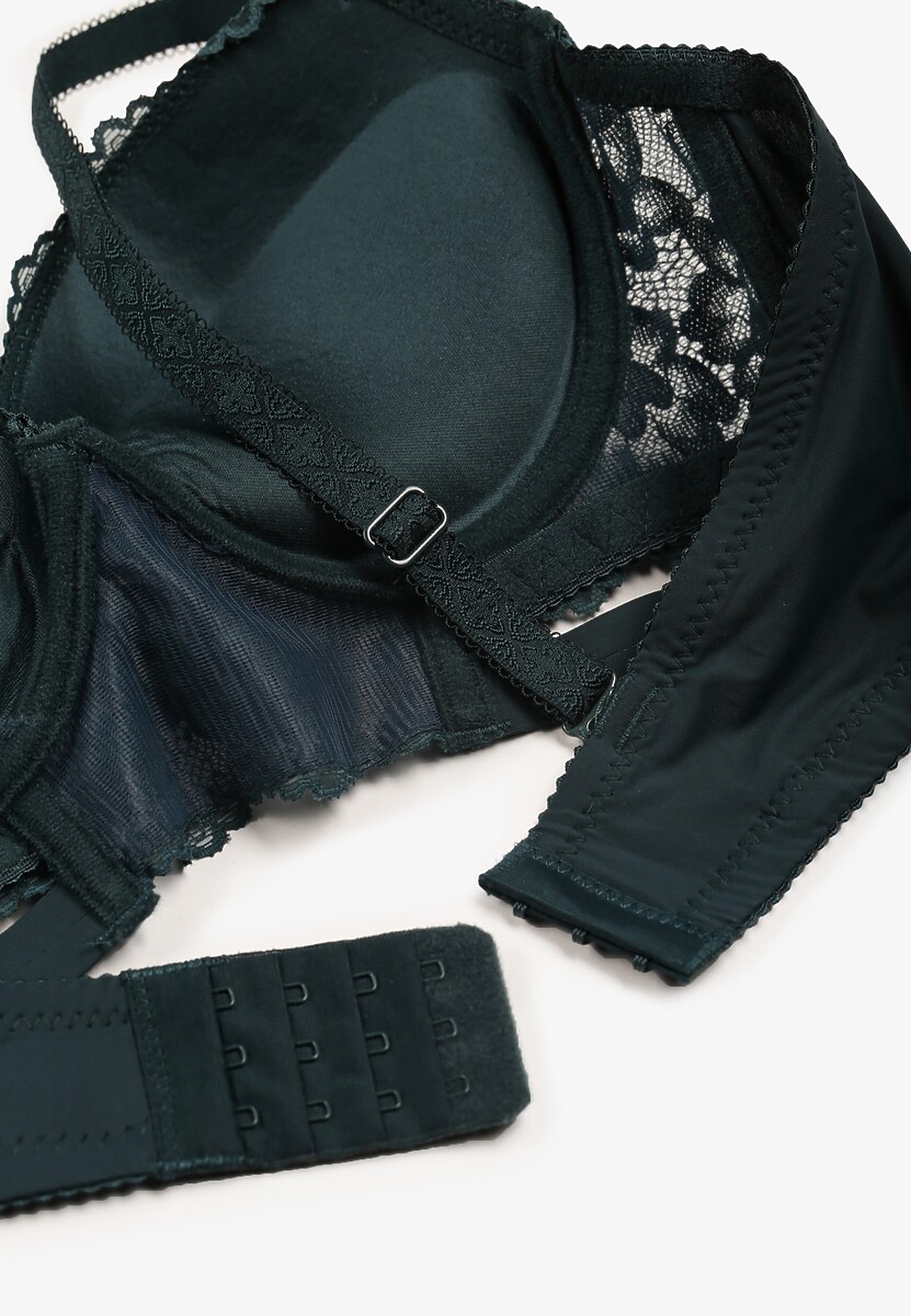 Ciemnozielony Biustonosz Push-Up Ozdobiony Koronką i Napisami z Cekinami Elisei