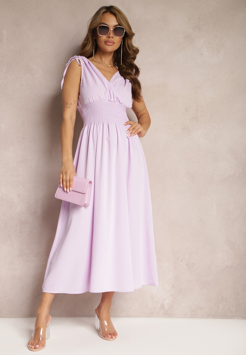 Jasnofioletowa Rozkloszowna Sukienka na Cienkich Ramiączkach z Kopertowym Dekoltem Eilinestia