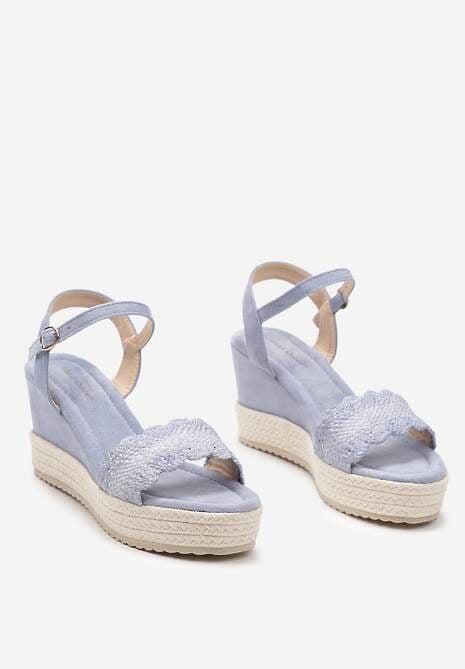 Niebieskie Sandały z Ekozamszu na Koturnie Zapinane na Sprzączkę z Ozdobną Plecionką Vlalena
