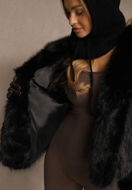 Czarna Kurtka Futerko z Nieodpinanym Kapturem Vetisala