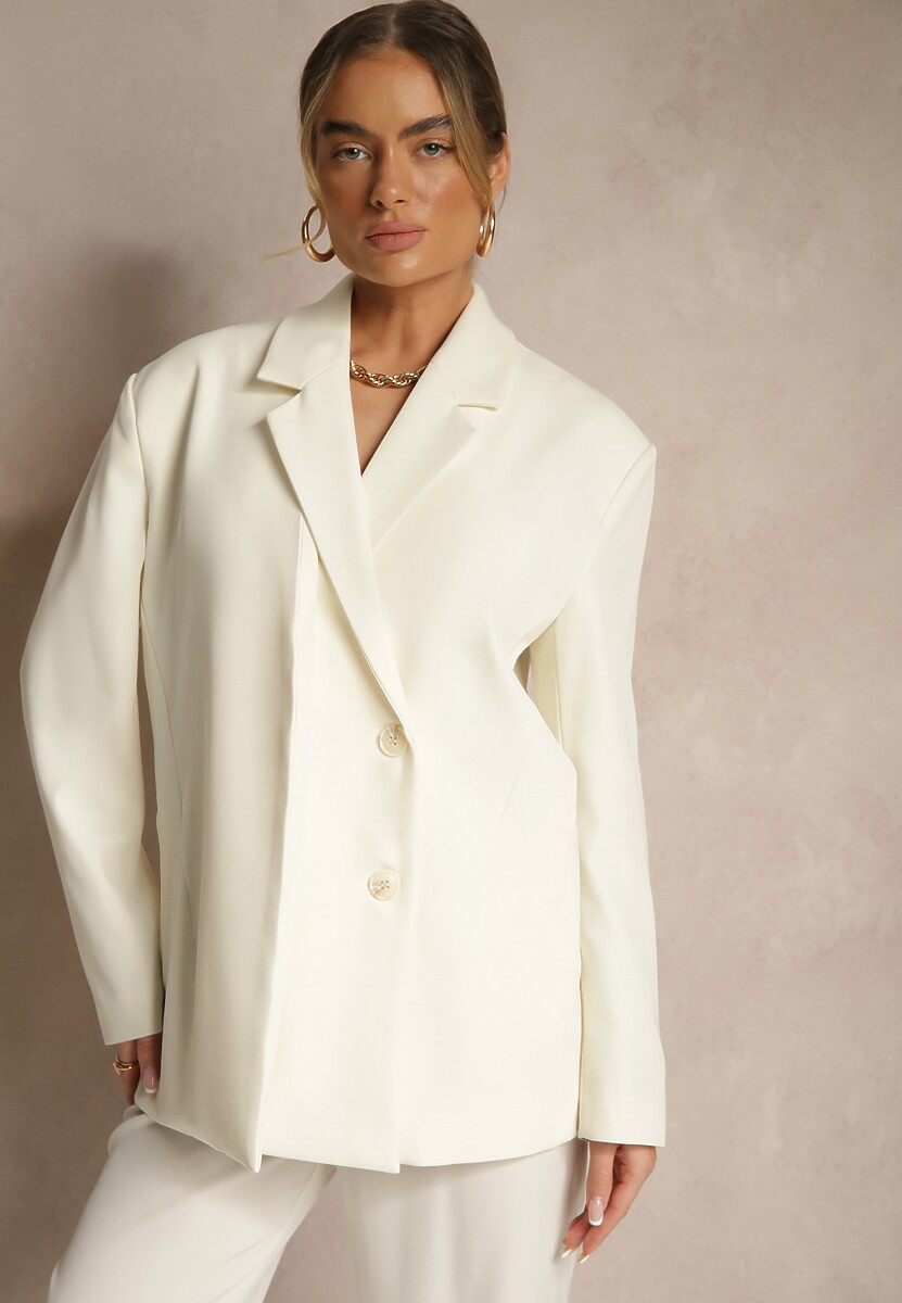 Jasnobeżowa Marynarka o Pudełkowym Kroju Usztywnionymi Ramionami Sonarieta