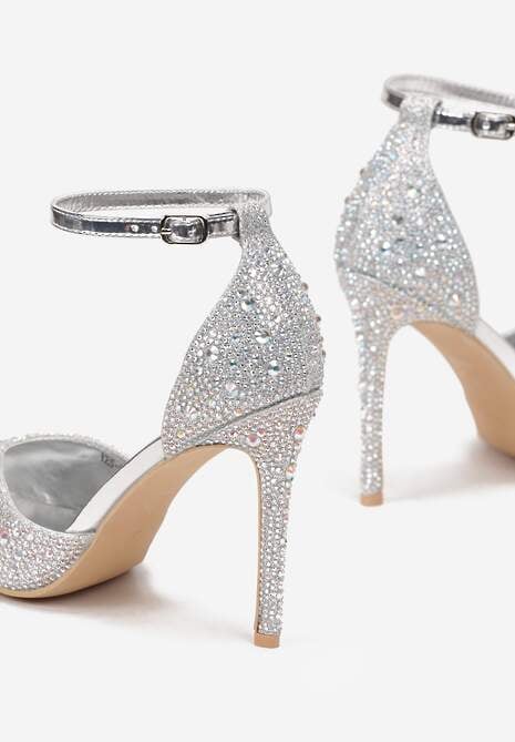 Srebrne Sandały na Szpilce ze Sprzączką Ozdobione Cyrkoniami Alstresa
