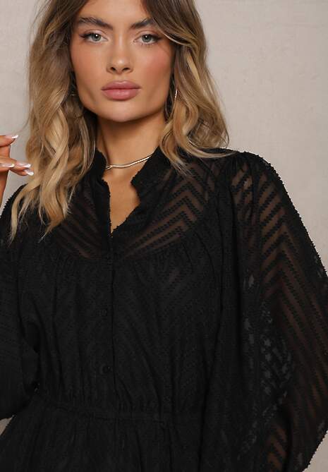 Czarna Sukienka Mini w Skośne Paski o Rozkloszowanym Fasonie z Gumką w Talii Tennari