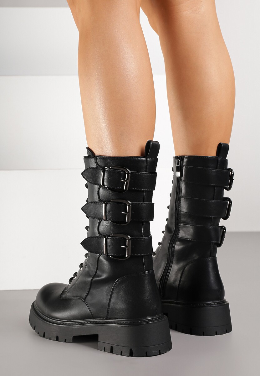 Czarne Botki Typu Workery Zdobione Sprzączkami Therrie