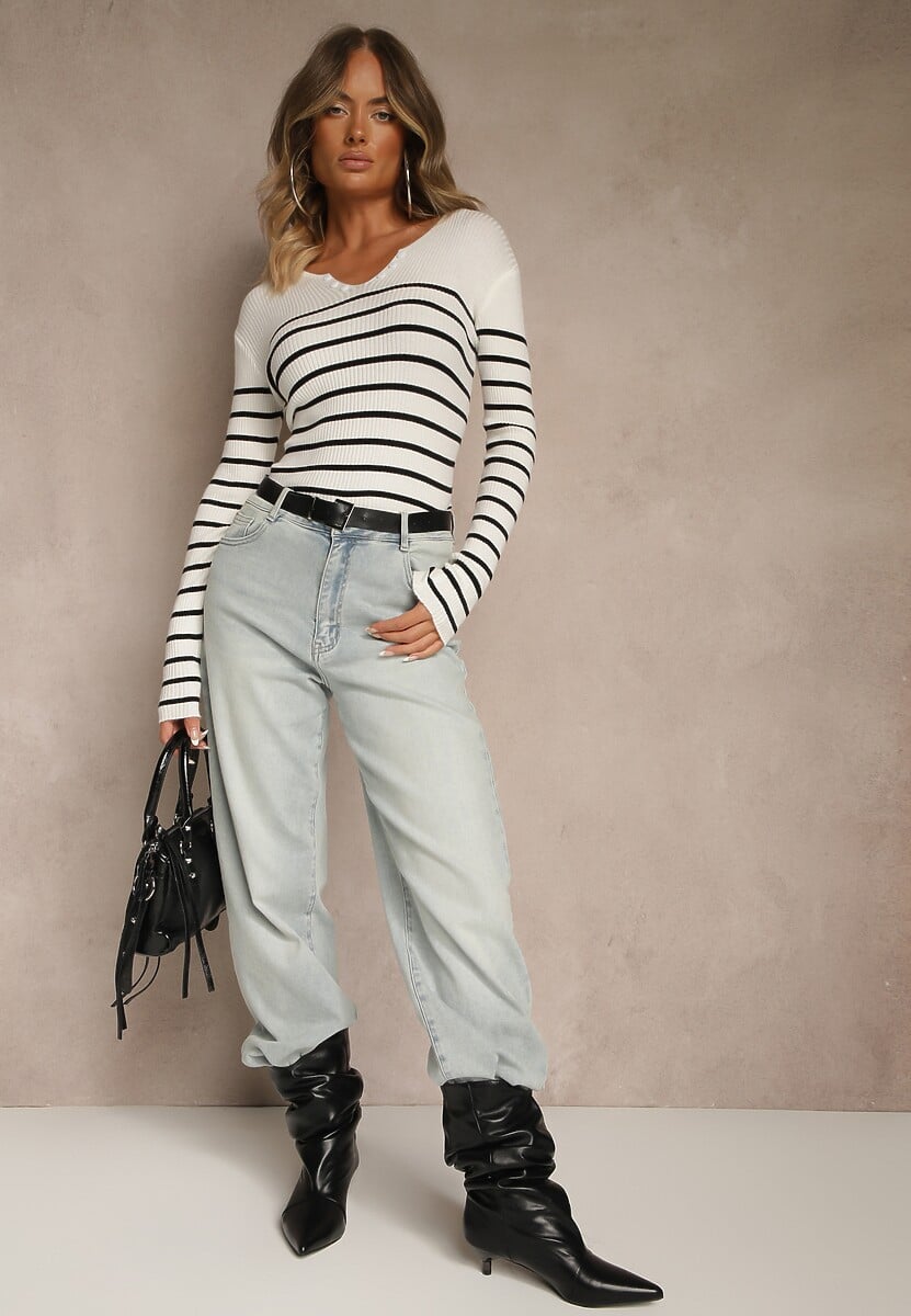 Biała Bluzka z Bawełną z Motywem Pasków i Guzikami Serisse