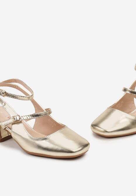 Złote Czółenka Lakierowane Zapinane na Dwie Sprzączki z Noskiem w Kwadrat Altheania