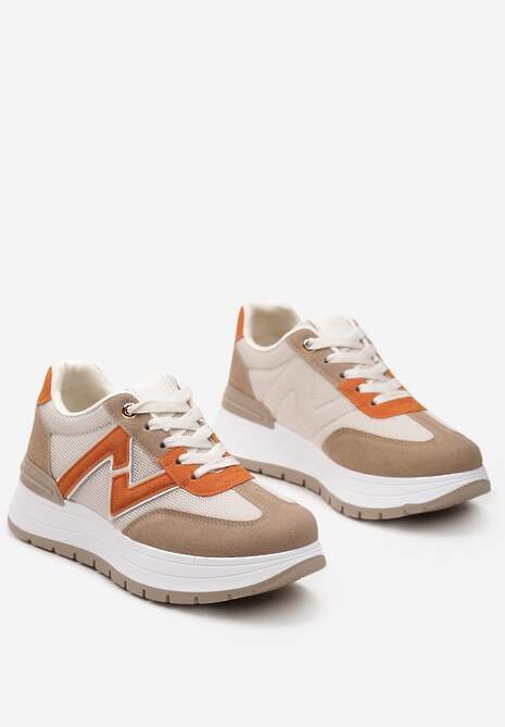 Brązowo-Pomarańczowe Sznurowane Sneakersy na Płaskiej Podeszwie z Metaliczną Wstawką i Brokatem Setraffia