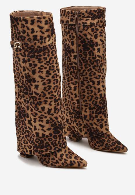 Brązowe Kozaki w Panterkę na Słupku z Wywiniętą Cholewką i Klamerką Upaxa