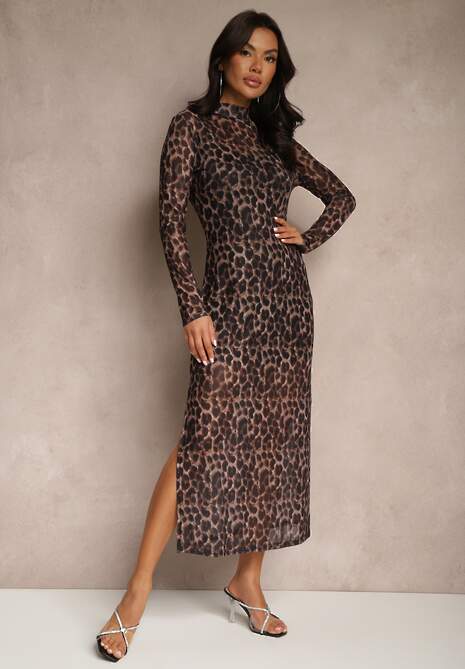 Brązowa Panterkowa Sukienka Siateczkowa z Wiskozą o Dopasowanym Kroju Nalandra