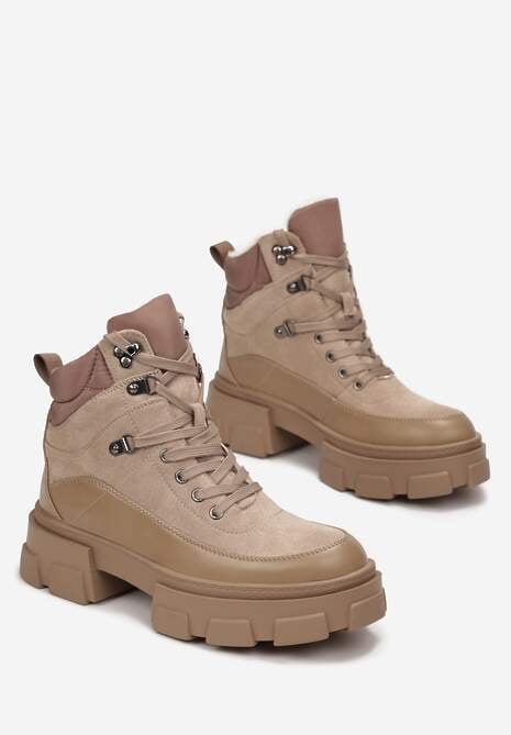 Ciemnobeżowe Traperki na Masywnej Podeszwie w Stylu Workerów Vodre