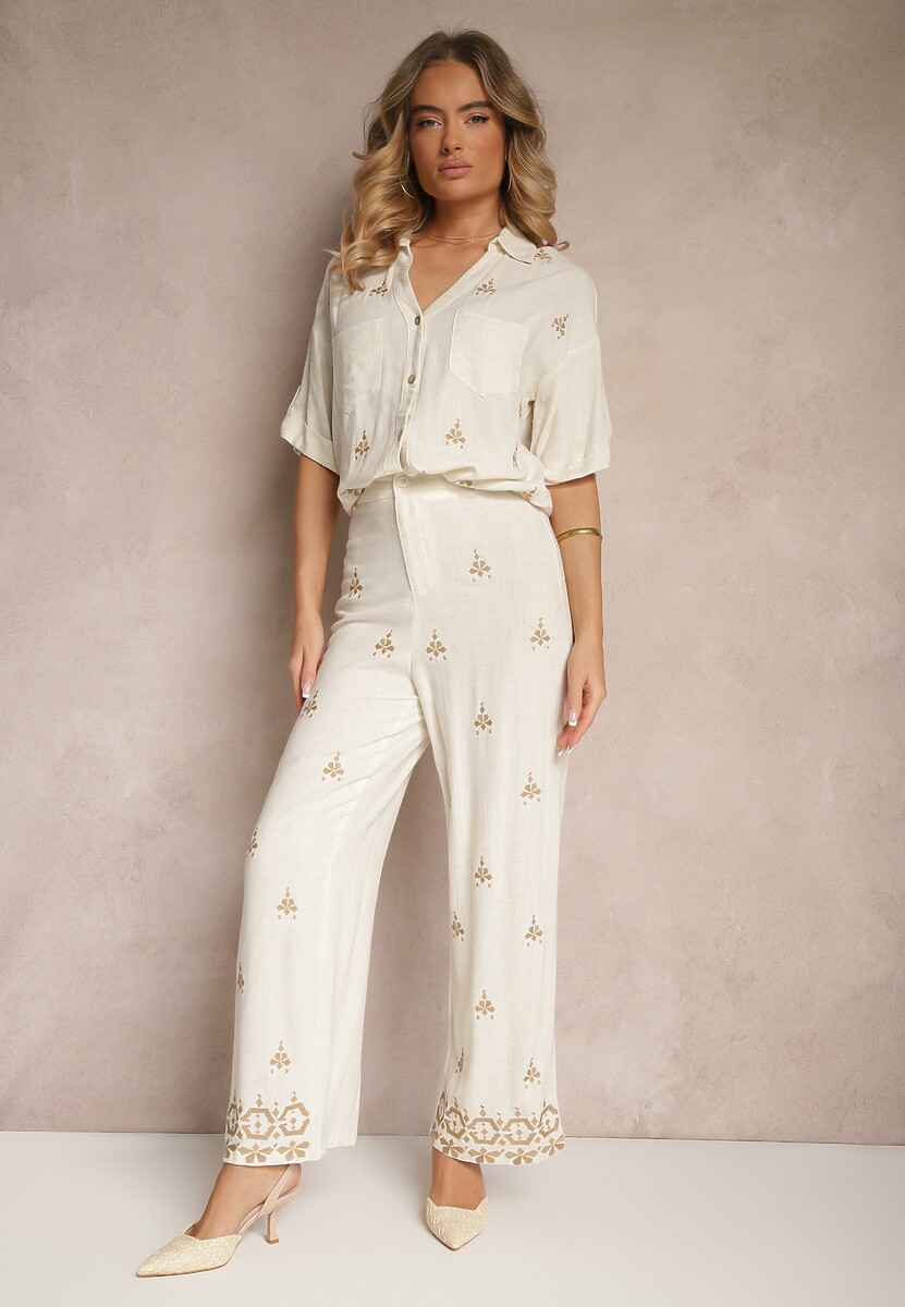 Biało-Beżowa Luźna Koszula z Wzorem Boho z Lnu i Wiskozy Karisna