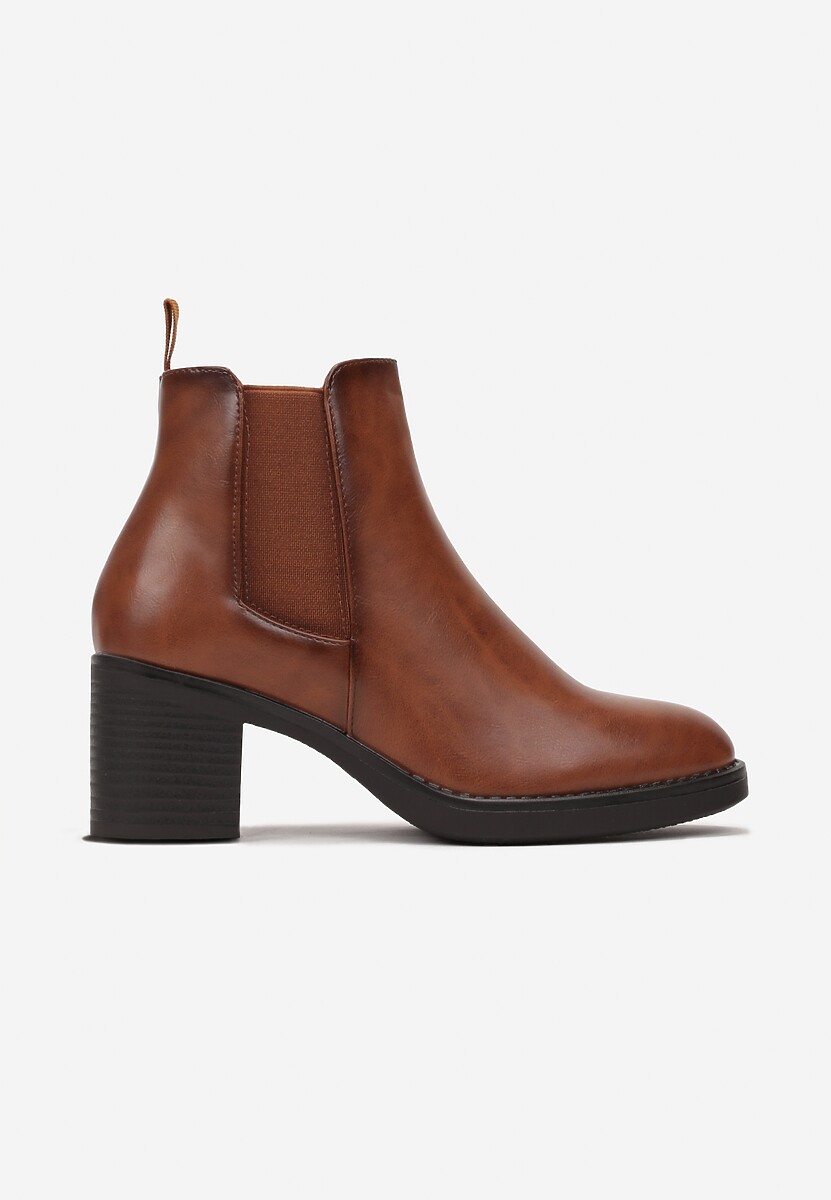 Brązowe Botki na Słupku Ozdobione Elastyczną Wstawką Minica