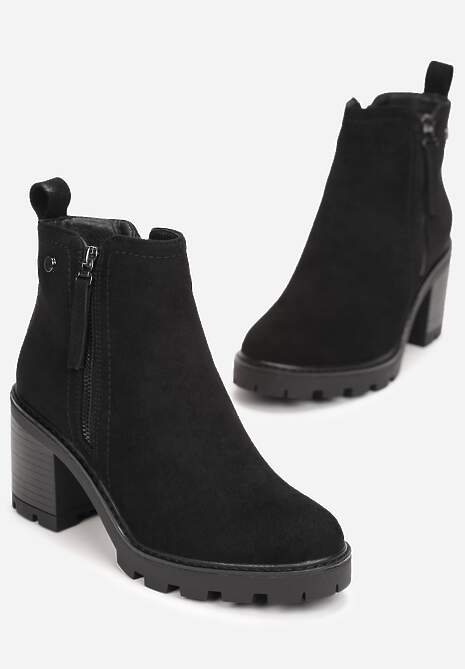 Czarne Botki na Słupku Boho z Suwakiem Kodra