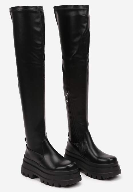 Czarne Dopasowane Kozaki za Kolano na Platformie w Stylu Grunge Irinalla