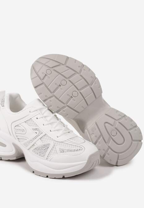 Białe Sneakersy Zdobione Cyrkoniami na Podeszwie z Tłoczeniami Raviora