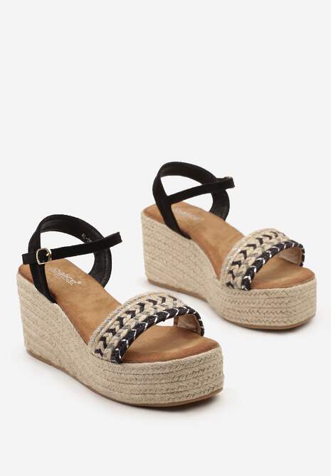 Czarne Sandały na Koturnie w Stylu Boho Zapinane na Sprzączkę Elines