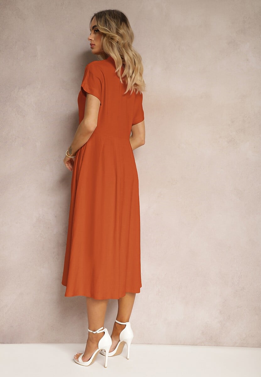 Pomarańczowa Sukienka Koszulowa z Lnem i Wiskozą Jucilla