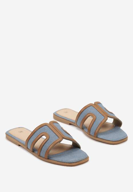 Niebieskie Płaskie Klapki z Kwadratowym Noskiem i Ozdobnymi Wycięciami Starlenna