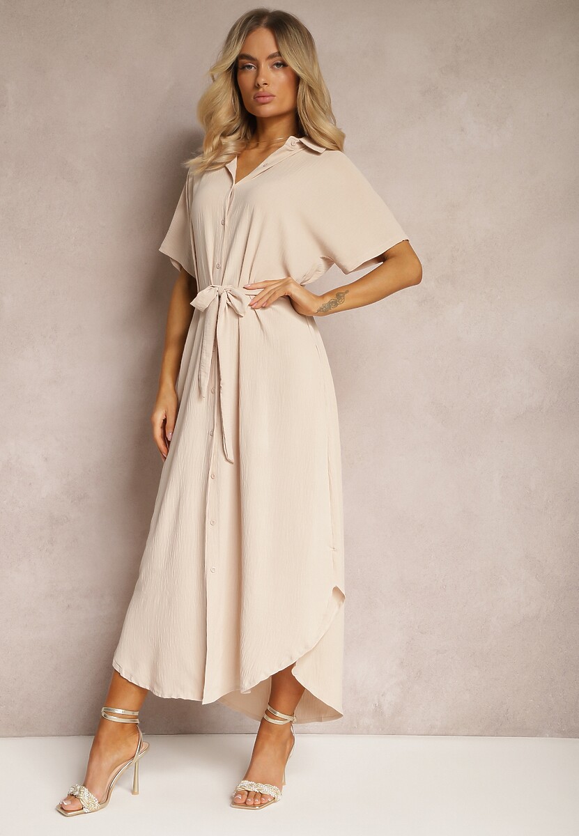 Beżowa Koszulowa Sukienka z Wiskozy z Materiałowym Paskiem w Talii Gialara