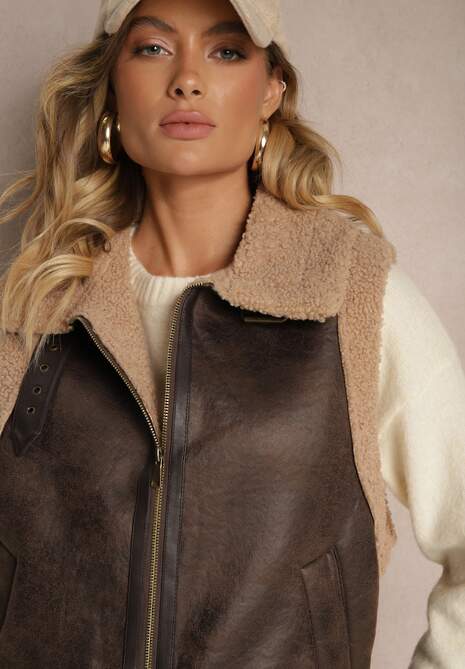 Brązowa Kamizelka Ozdobiona Wstawkami z Futerka Reaelia