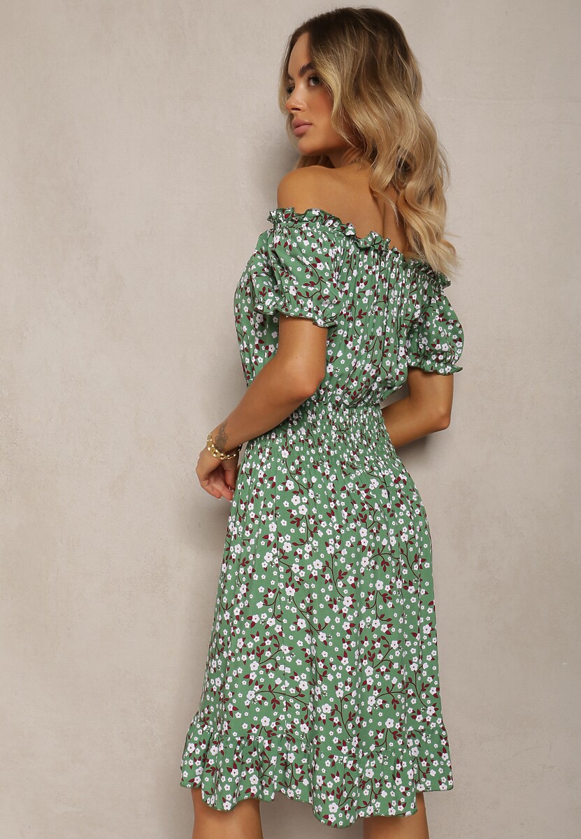 Zielona Bawełniana Sukienka Midi Hiszpanka z Gumką w Pasie Dnise