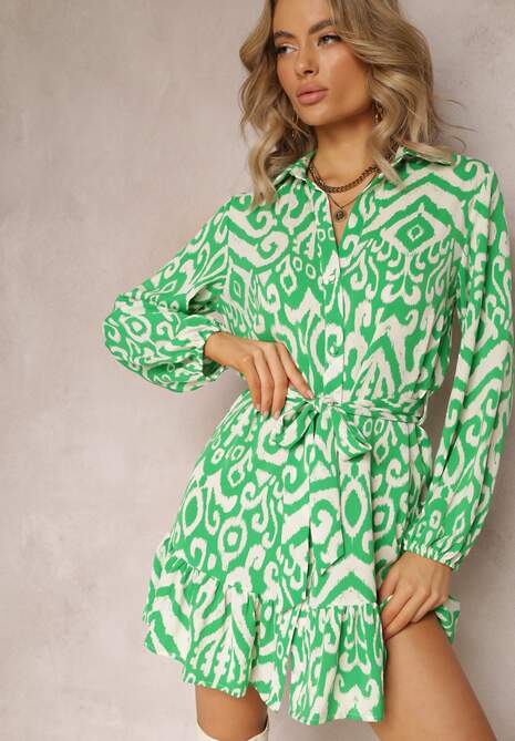 Zielona Koszulowa Sukienka z Falbanką na Dole i Wiązanym Paskiem Ametisa