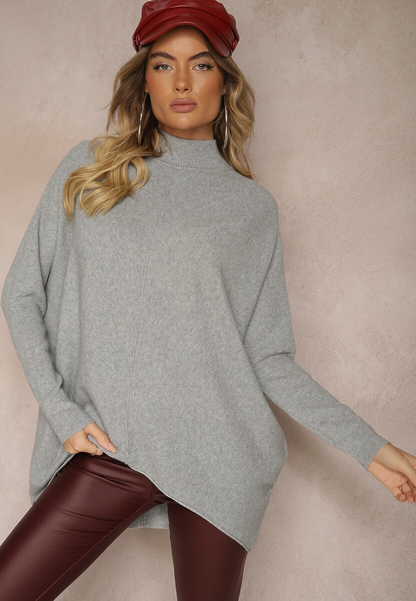 Szary Sweter Nietoperz z Dłuższym Tyłem i Półgolfem Vitirae