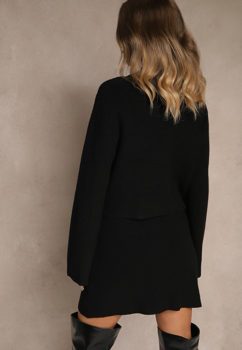 Czarny Dzianinowy Komplet z Wiskozą Spódnica i Rozpinany Kardigan Pioama