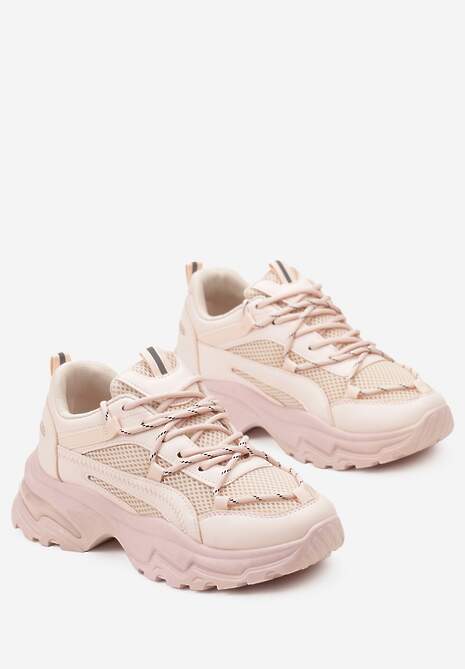 Różowe Sneakersy na Masywnej Podeszwie z Siateczkowym Wstawkami i Ozdobnymi Sznurówkami Ollavia