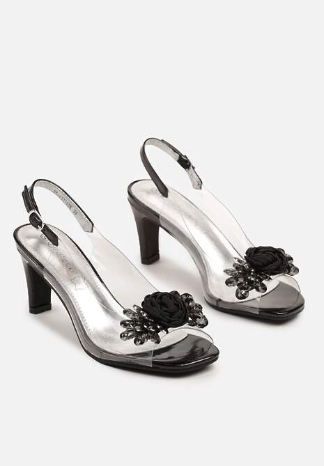 Czarne Transparentne Sandały na Obcasie z Biżuteryjnym Kwiatkiem i Skórzaną Wkładką Dalinda