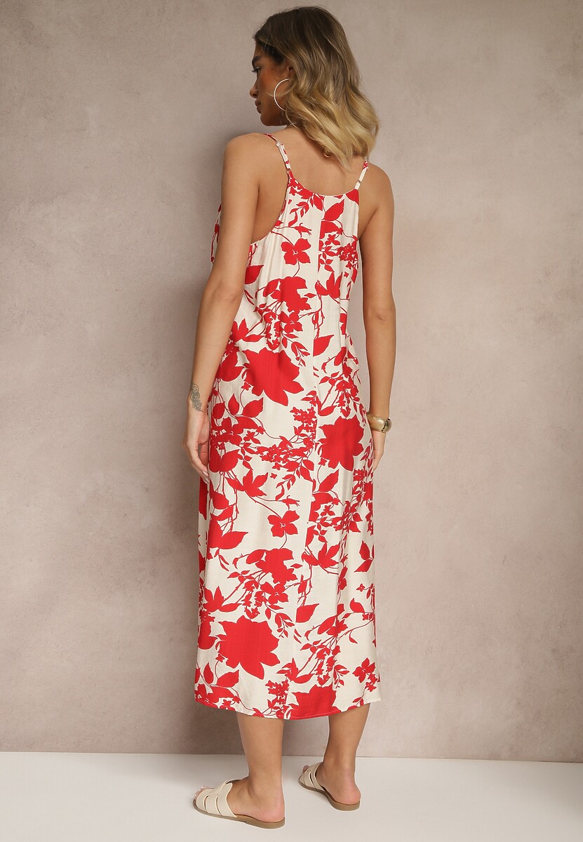 Czerwona Sukienka z Wiskozą o Rozkloszowanym Kroju w Kwiaty Thirimi