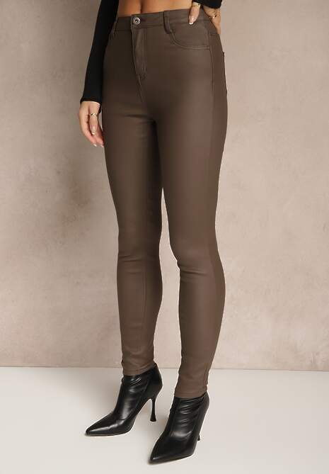 Brązowe Casualowe Spodnie Skinny o Modelującym Fasonie Elovi