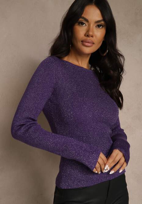 Fioletowy Sweter z Wiskozą Ozdobiony Metaliczną Nitką Liatolla