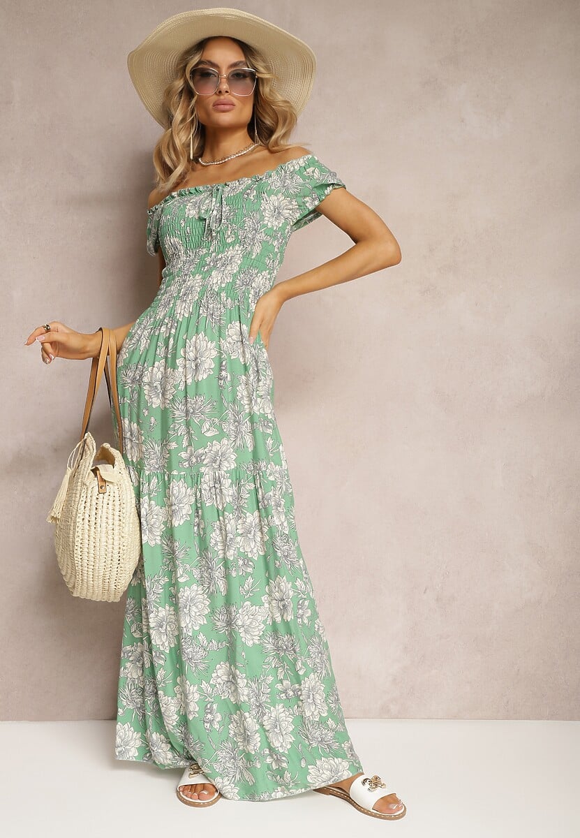 Zielona Wiskozowa Sukienka Hiszpanka z Marszczoną Górą Zimbia