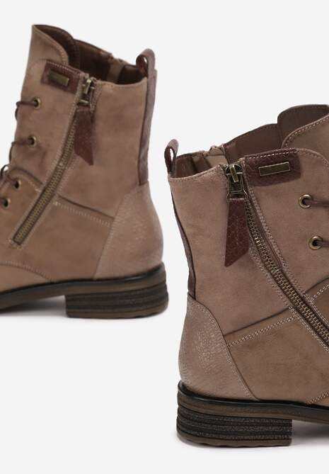 Ciemnobeżowe Botki Sznurowane z Zamkiem Hiyab