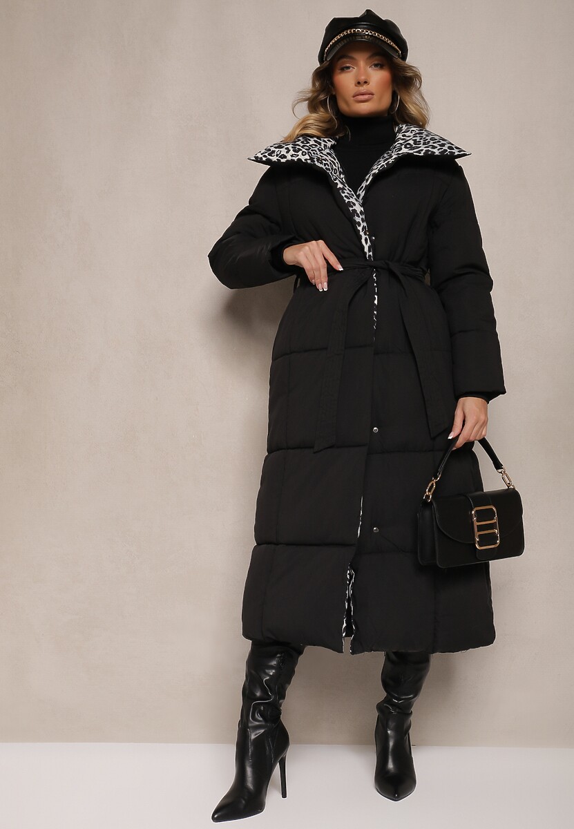 Czarno-Szara Długa Kurtka z Pikowanymi Przeszyciami i Kołnierzem w Panterkę Wiązana w Talii Tilfezi