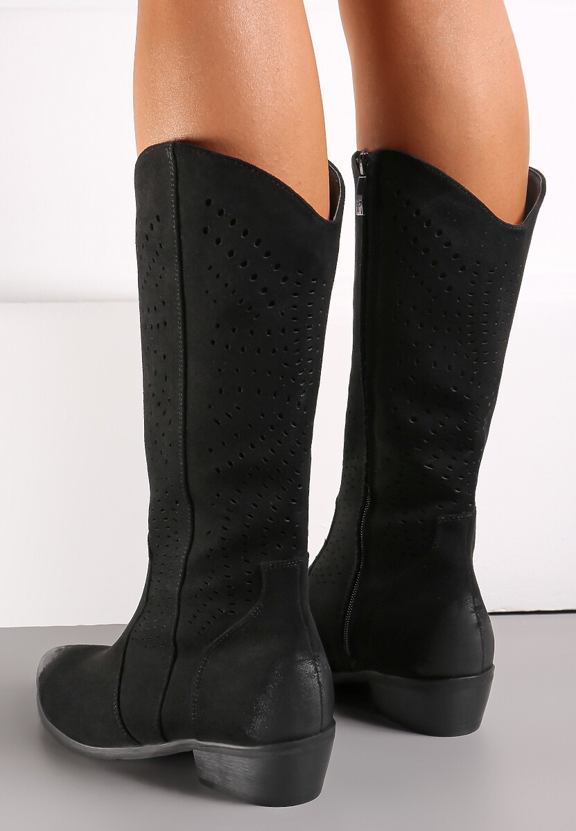 Czarne Botki Kowbojki z Ażurową Cholewką na Niskim Stożku Fellime