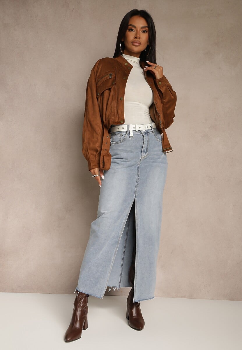 Jasnoniebieska Spódnica Jeansowa o Ołówkowym Kroju Zdobiona Rozcięciem Lisovira