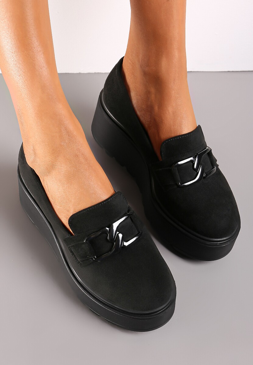 Czarne Półbuty z Łańcuchową Klamrą na Koturnie z Platformą ze Skórzaną Wkładką Hirvva