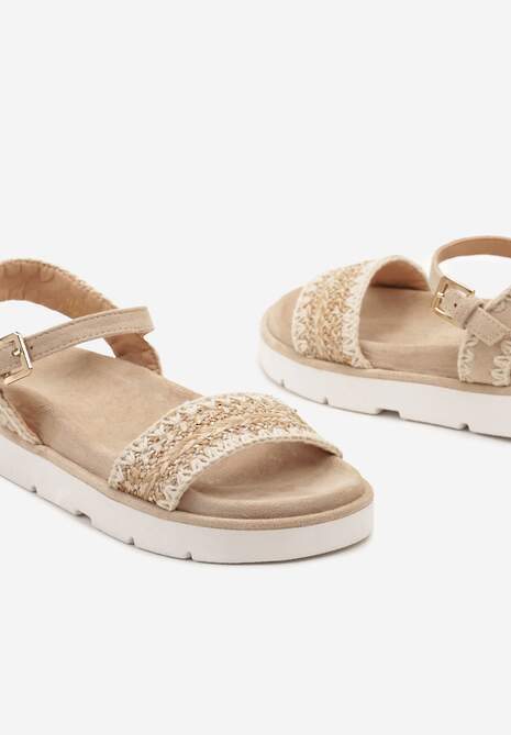Ciemnobeżowe Sandały na Płaskiej Podeszwie z Ozdobnymi Paskami Zapinane przy Kostce Fialena