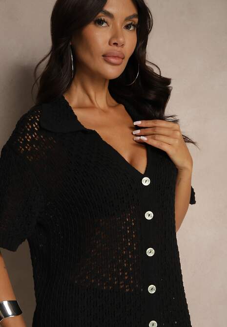 Czarna Koszulowa Sukienka z Bawełną z Siateczki Folesia