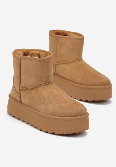 Brązowe Śniegowce za Kostkę na Platformie Ocieplane Futerkiem Divena