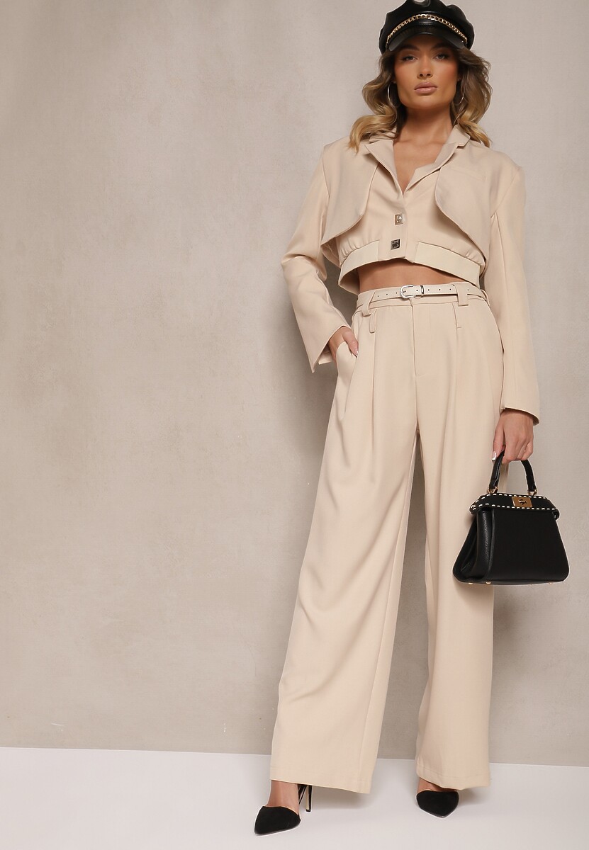 Czarny Komplet w Stylu Garniturowym Krótka Marynarka i Długie Luźne Spodnie z Dwoma Paskami w Talii Rilithra