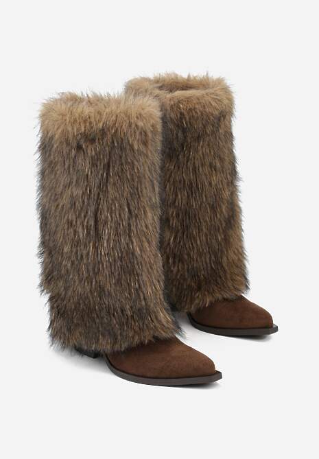 Brązowe Kozaki na Stożkowym Obcasie z Wywiniętą Cholewką z Futerka Tesmira